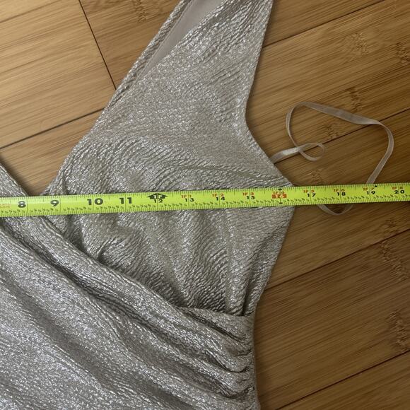 Lauren Ralph Lauren Metallic Silver Faux Wrap Sheath Dress Ruched Bodycon Sz 10 - Picture 4 of 8